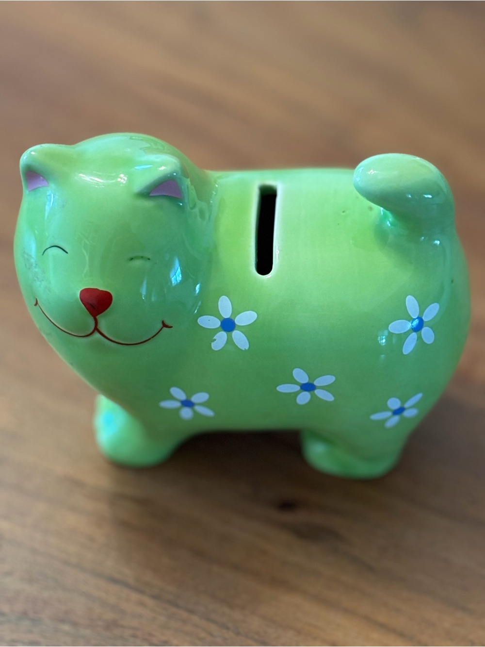 Green Floral Cat Ceramic Coin Bank - Decorative Home Accent vintage 1990’s